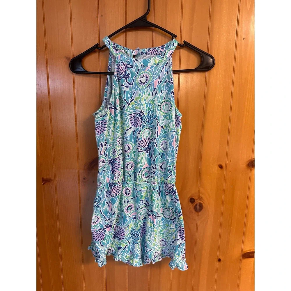 Lilly Pulitzer Girls XL 12-14 Blue Green Floral Halter Girly Romper Ruffle Hem